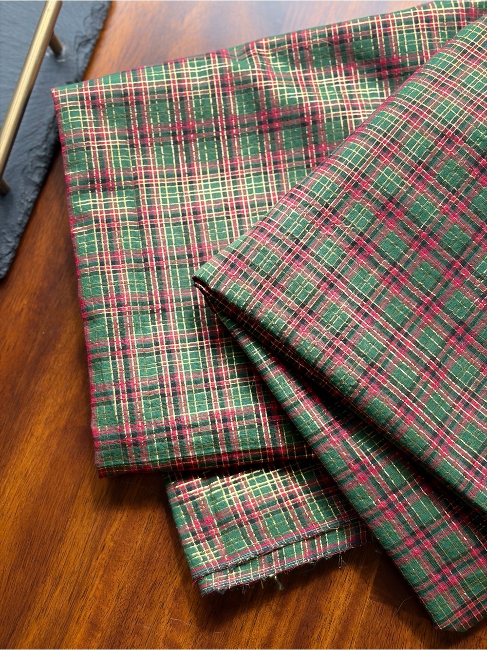 2.75 Yards Vintage Tartan Plaid Fabric Green Red Gold Metallic Christmas